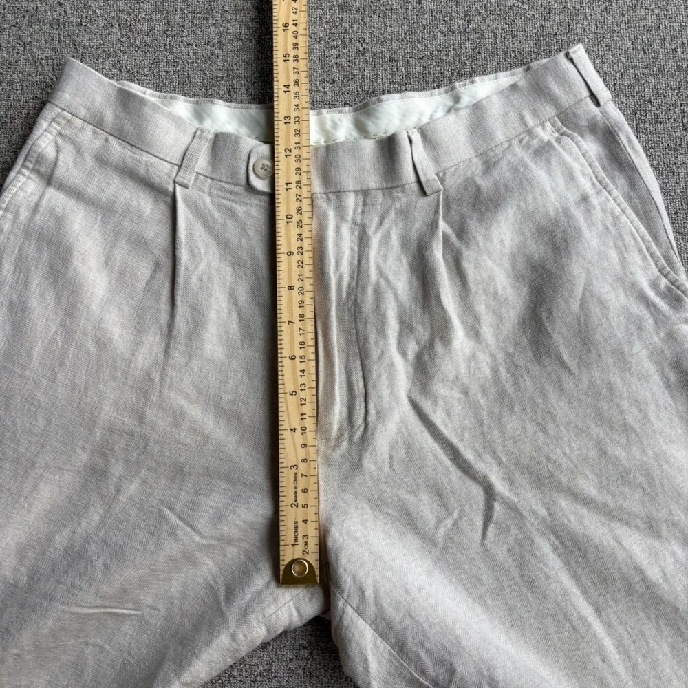 Cubavera Linen Pants Mens 34x28 Pleated Herringbone Beige Relaxed Wide Leg